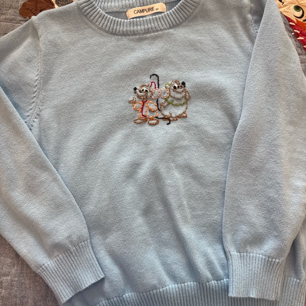 Campure Light Blue Sweater with Embroidered Characters